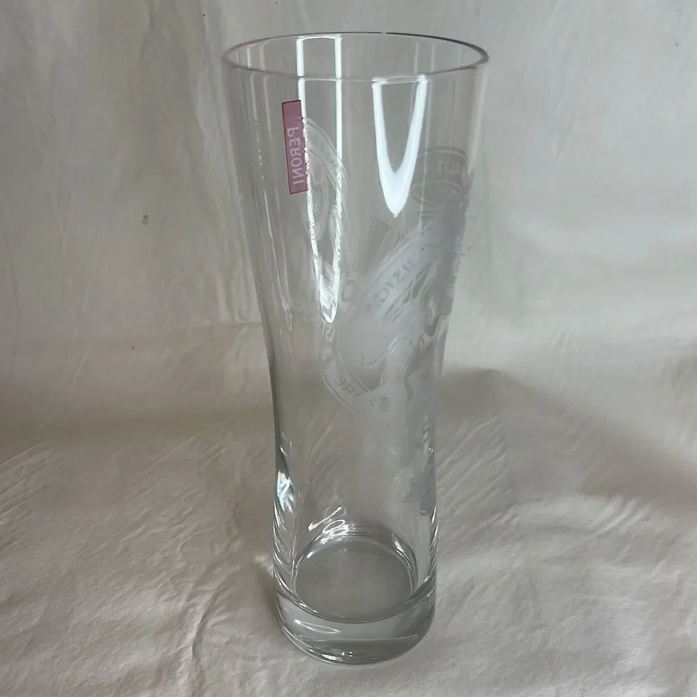 Peroni Beer Drinking Glass Clear Etched 8 1/4 Inches Tall 3 Inches Diameter